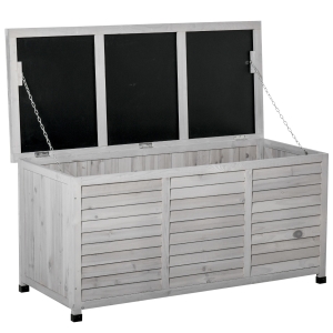 Outsunny Garden Wooden Storage Container Box Multipurpose Outdoor Patio Furniture w/ Chains for Outdoor Garden Tools and Pool Toys, Grey
