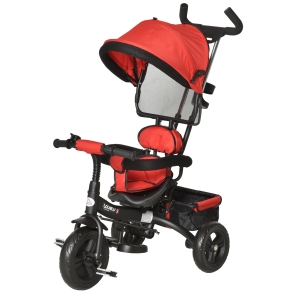 HOMCOM Baby Tricycle 2 In 1 Design Baby Stroller/ Kid Trike with Parent Push Handle Adjustable Canopy Detachable Guardrail Safety Belt Foldable Footrest Storage Bag for Age 18 Months and Up Red