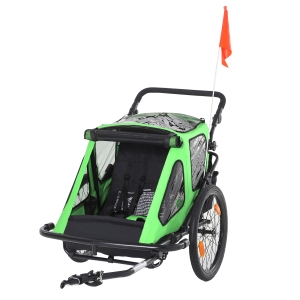 HOMCOM Child Bike Trailer 2 In1 Foldable Baby Stroller 2-Seater Transport Carrier with Adjustable Handlebar Storage Bag Reflector Flag 118L x 83W x 96H cm(Stroller) Green