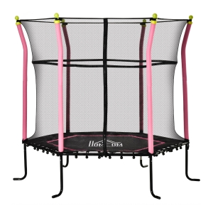 HOMCOM Cama Elástica Infantil de Jardín Trampolín para Niños de +3 Años con Superficie de Salto Ø120 cm Red de Seguridad Acero para Interior Exterior Φ162x163.5cm Negro y Rosa