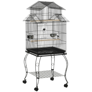 PawHut Gabbia per Uccelli da Interni in Legno con Vassoio, 4 Ruote e Trespolo, 50x49x137cm