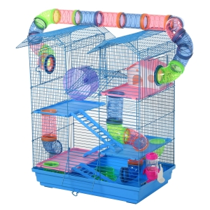 PawHut Hamster Metal 5-Tier Cage w/ Tunnels Blue