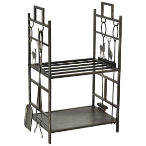 Outsunny Portalegna in Ferro Battuto con Attrezzi per Camino e Manici, Base Porta Legna Rialzata e Decori, 51.5x33x77cm - Nero