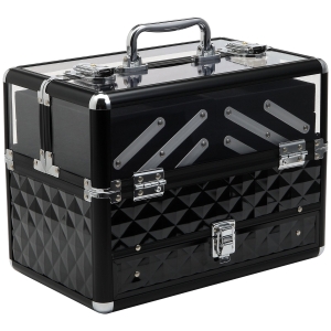 HOMCOM Reinforced Locking Mini Travel Makeup Jewelry Train Case Black W/ Handle