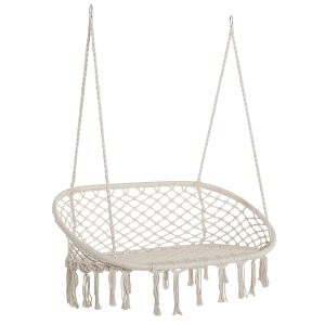 Outsunny Hanging Hammock Chair Cotton Rope Porch Swing with Metal Frame and Cushion, Large Macrame Seat for Patio, Garden, Bedroom, Living Room, Cream White