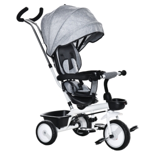 HOMCOM 6 in 1 Kids Tricycle Toddler Pedal Tricycle w/ Reversible Seat Adjustable Removable Handle Canopy Handrail Belt Storage Footrest Clutch for 1-5 Years Old Grey