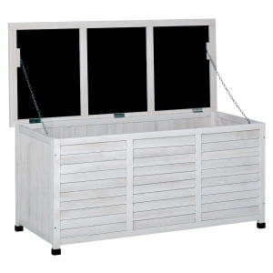 Outsunny Garden Wooden Storage Container Box Multipurpose Outdoor Patio Furniture w/ Chains for Outdoor Garden Tools and Pool Toys, White