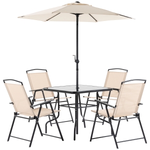 Outsunny Conjunto de Móveis de Jardim com 4 Cadeiras Dobráveis Mesa de Jardim de Vidro e Chapéu de Sol Inclinável Proteção Solar para Pátio Terraço Exterior 80x80x70cm Bege