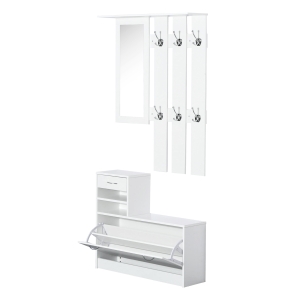 HomCom Mobile d'Ingresso Moderno Guardaroba Set Appendiabiti, Specchio e Scarpiera 3 in 1, in Legno Bianco