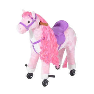 HomCom Cavallo con Ruote in Peluche Giocattolo con Suono per i Bambini 65 x 28 x 75cm Rosa