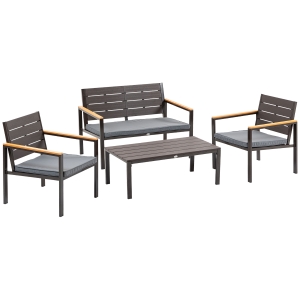 Outsunny Salotto da Giardino Set 4 Pz con Divano da Esterno, Poltrone e Tavolino, Acciaio e Legno, Marrone