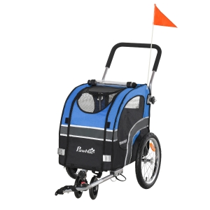 PawHut Passeggino 2 in 1 per Cani e Rimorchio Bici, Ruote Catarifrangenti e Bandierina Blu