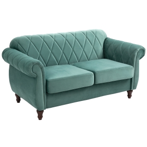 Homcom Divano 2 Posti in Legno Gommapiuma e Velluto Verde Design Vintage 148 x 72 x 76cm