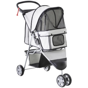 PawHut Carrinho para Animais de Estimação Dobrável Carrinho para Cães e Gatos com Rodas Giratórias Cesto e Suporte para Copos 75x45x97cm Cinza