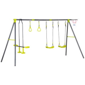 Outsunny Kids Swing Set for Backyard, Outdoor Play Equipment, w/ Adjustable Swing Seats, Seesaw, Basket Hoop, A-Frame Metal Stand for Ages 3-10 Years