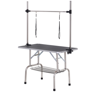 PawHut Dog Grooming Table Dogs Adjustable Height Rubber Top Dog Baths Safety Slings Mesh Storage Basket Metal Black