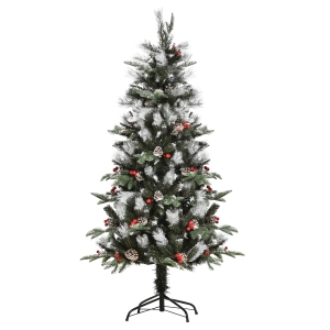 HOMCOM Albero di Natale Innevato con Bacche Rosse e Pigne Bianche Base Rimovibile Pieghevole150cm - Verde