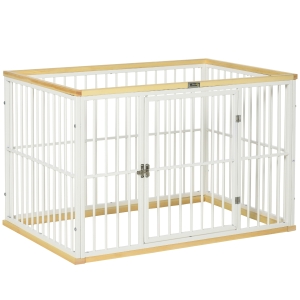PawHut Freigehege für Haustier für Hund Hundelaufstall Schutzgitter mit Tür Stahl Kiefernholz Weiß+Natur 93 x 61 x 59 cm