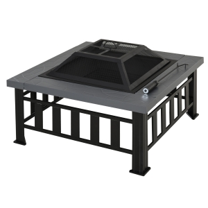 Outsunny Square Metal Fire Pit With Waterproof Cover-Black/Grey