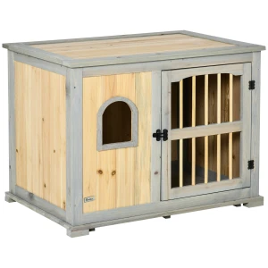 PawHut Wooden Dog Crate, End Table w/ Lockable Door and Window for Small and Medium Dog, Grey and Yellow, 95 x 65.5 x 70.5cm