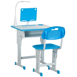 HOMCOM Banco Scuola con Sedia per Bambini 6-12 Anni Altezza Regolabile Lampada LED Leggio e Portapenne - Blu