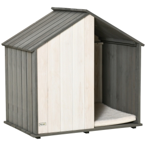 PawHut Cuccia per Cani a Forma di Casetta in Legno, Cani di Taglia Piccola e Media Max. 15kg, con Cuscino Incluso, Grigio e Bianco