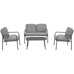 Outsunny Ensemble salon de jardin 4 pièces 4 personnes avec canapé 2 places, fauteuils et table basse 8 coussins pour terrasse jardin - métal époxy noir polyester gris