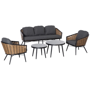 Outsunny Ensemble salon de jardin 5 pièces canapé 3 places + 2 fauteuils + 2 tables basses gigognes 8 coussins gris aluminium et résine tressée