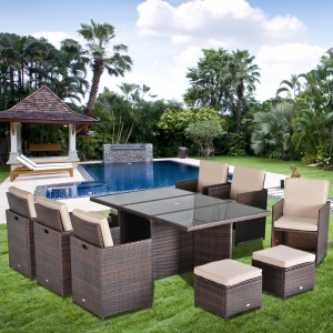 Outsunny 11 Pieces Rattan Dining Set, Aluminium-Brown