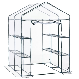 Outsunny 1.43Lx1.43Wx1.95H m Steel Frame Greenhouse, 2 Shelves-Deep Green