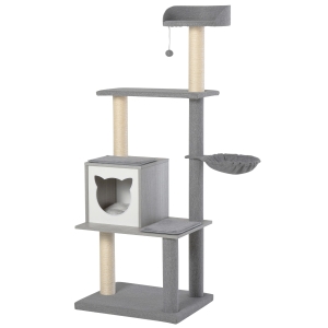 PawHut Tiragraffi per Gatti Multi-attività con Cuccia Palla Cestino Sospeso Grigio