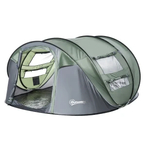 Outsunny Pop-up Camping Tent 4-5 Person, Waterproof with 2 Mesh & PVC Windows, Portable Carry Bag, Dark Green
