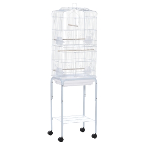 PawHut vogelkooi met voerbak houten schommel volière met deuren houten stangen vogelkooi met opbergmand voor kleine vogels metaaldraad staalbuis hout PS wit 46.5 x 36 x 157 cm