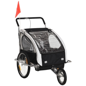 HOMCOM Reboque de Bicicleta 2 EM 1 para crianças de 2 lugares com Amortecedores Convertível em carrinho com barra e kit de corrida 129x85x105cm Branco