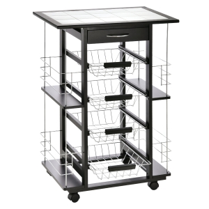 Desserte de cuisine 4 paniers métal tiroir + 4 range-bouteilles bois pin noir plateau carrelé blanc