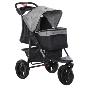 PawHut Passeggino per Cani Pieghevole a 3 Ruote con Freno, Cestino Portaoggetti e Porta Bottiglia, in Acciaio e Oxford, Grigio e Nero, 109.5x54.5x106.5cm