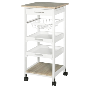 Desserte de cuisine panier + plateaux amovibles, tiroir, étagère MDF chêne clair bois blanc