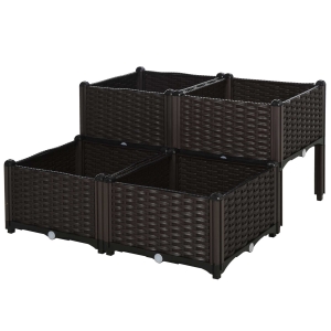 Jardinière sur pieds carré potager 2 étages 4 bacs plastique chocolat
