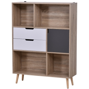 Bibliothèque scandinave multi-rangement aspect chêne clair gris blanc