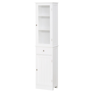 kleankin Armario Alto para Baño Mueble Auxiliar de Baño de Estilo Moderno con 2 Puertas Estantes Ajustables y 1 Cajón 40x27x171,5 cm Blanco