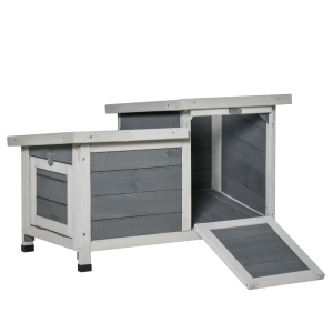 PawHut Coelheira de Madeira de Exterior Casa Elevada para Coelhos Roedores com Tetos Asfálticos Abatível e 2 Portas Convertíveis em Rampas 70x43x45cm Cinza
