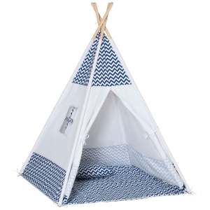 HOMCOM Tipi-Zelt für Kinder mit Bodenmatte und Kissen, Blau+Weiß, 120 x 120 x 155 cm