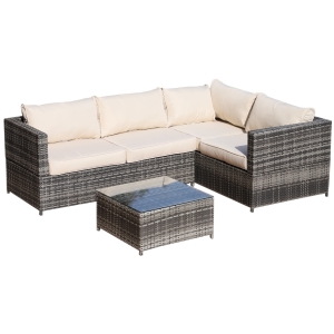 Outsunny 4-Seater Rattan Dining Sofa Set W/ Cushions, Iron Frame-Grey/Beige
