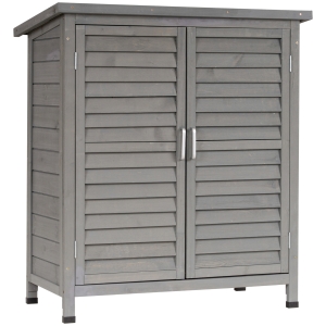 Outsunny Gartenschrank Holz Gerätehaus Gartenhaus Geräteschuppen Geräteschrank Holzhütte Pultdach Bitumenpappe Fensterladen Grau 87 x 46,5 x 96,5 cm