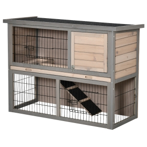 PawHut Conejera de Madera Exterior Jaula para 2 Conejos con 2 Puertas con Cerraduras Techo Asfáltico Abrible Bandeja Extraíble Rampa y Zona Abierta 108x45x78 cm Gris