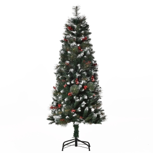 HOMCOM Albero di Natale Innevato con Bacche Rosse da Interni, Base Rimovibile e Pieghevole, 360 Rami, Φ50x150cm - Verde