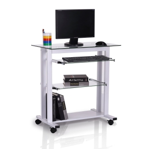 HOMCOM Mesa de Ordenador PC con Ruedas Mueble Auxiliar con Encimera y Estantes de Cristal para Oficina Despacho Dormitorio 80x51x83cm Blanco