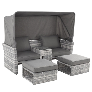 Outsunny 2-Seater Outdoor Rattan Daybed Sofa Footstool Coffee Table Set w/ Canopy, Cushion