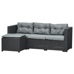 Salon de jardin canapé 3 places + pouf 7 coussins PP rotin tressé gris