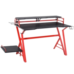HOMCOM Mesa Gaming Ergonómica 120 cm Escritorio Gaming desk para Computadora PC con Estantes de Monitor y Ganchos para Auriculares Fibra de Carbono 168x66x92,5 cm Negro y Rojo